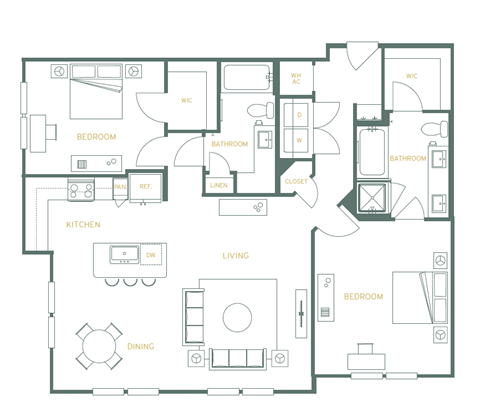 Floor plan for 2 beds, 2 baths, 1288 sqft
